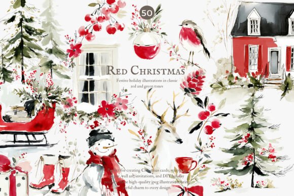 Download Festive Red Christmas Watercolor Clipart - Watercolor clipart Collection
