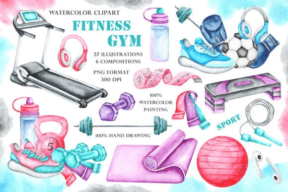 Download Gym, Fitness, Sport Watercolor Clipart. - Watercolor clipart Collection