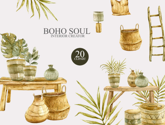 Download Watercolor Boho Interior Clipart Set - Boho Collection