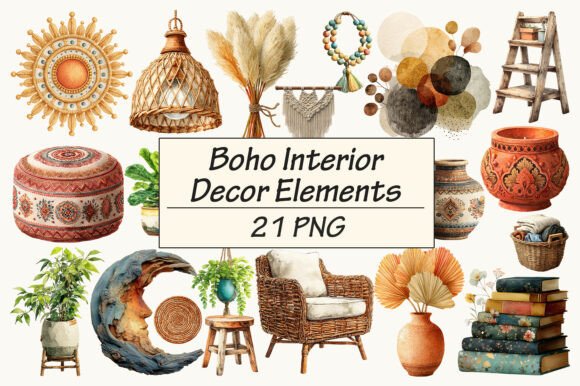 Download Boho Interior Decor Elements Clipart - Boho Collection