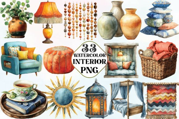 Download Watercolor Boho Interior Clipart - Boho Collection
