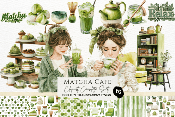 Download Matcha Cafe Watercolor Clipart Set - Watercolor clipart Collection