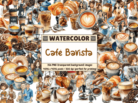 Download Cafe Barista Watercolor Clipart - Premium Bundle