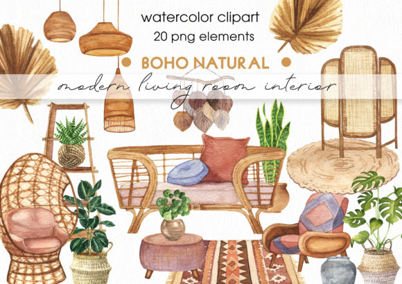 Download Watercolor Modern Boho Interior Clipart - Boho Collection
